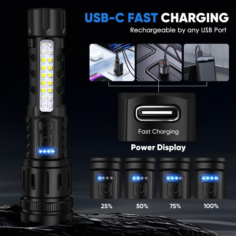 Light Up Every Moment — Your Rechargeable 7-Mode Powerhouse Flashlight" - Rechargeable & Adjustable Brightness with IPX4 Waterproof,  - Ideal for Outdoor Adventures, Emergencies, Camping, Fishing, Garden Illumination, Night Security, & Garage Use