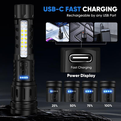 Light Up Every Moment — Your Rechargeable 7-Mode Powerhouse Flashlight" - Rechargeable & Adjustable Brightness with IPX4 Waterproof,  - Ideal for Outdoor Adventures, Emergencies, Camping, Fishing, Garden Illumination, Night Security, & Garage Use