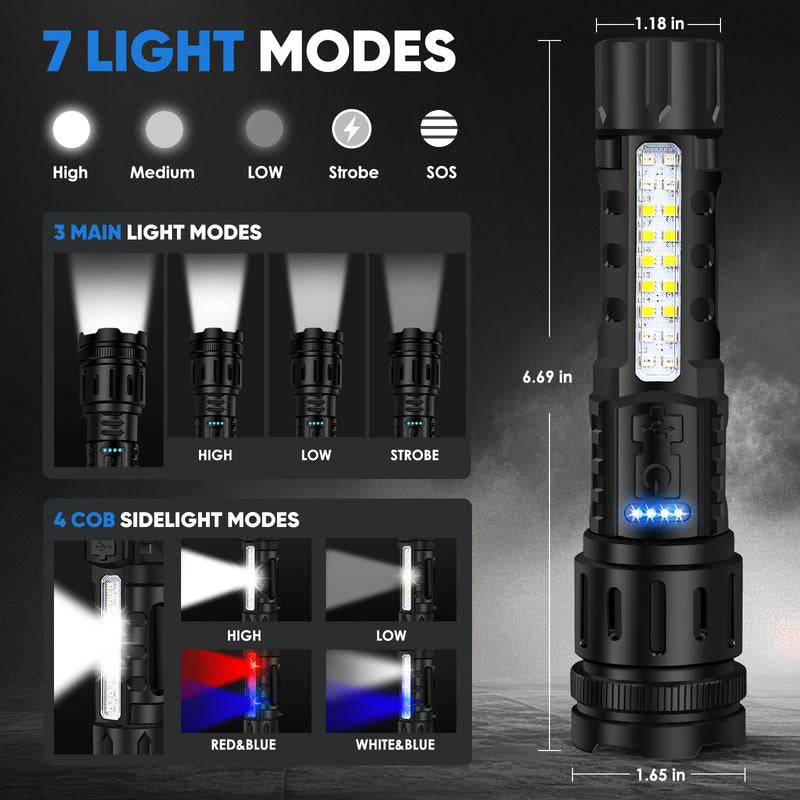 Light Up Every Moment — Your Rechargeable 7-Mode Powerhouse Flashlight" - Rechargeable & Adjustable Brightness with IPX4 Waterproof,  - Ideal for Outdoor Adventures, Emergencies, Camping, Fishing, Garden Illumination, Night Security, & Garage Use